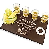 Tequila Gifts for Women and Men - Shot Board and Glass Holder Wooden Bar Tray with Salt Rim - for Liquor, Parties, Weddings, Housewarmings