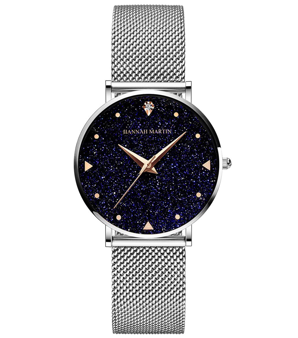 Hannah Martin Starry Sky Women's Watches Analogue Quartz Stainless Steel Waterproof Mesh Ultra Thin, Black Finish, Silver Belt, Bracelet