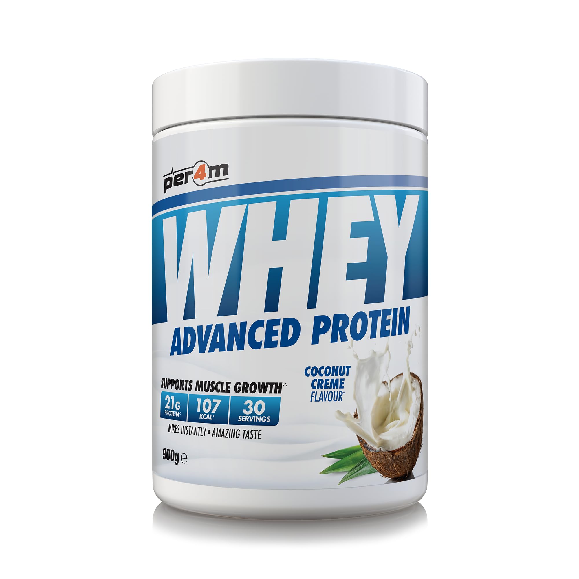 Per4m Whey Protein Powder | High Protein Shake for Muscle Growth & Recovery | Low Sugar Gym Supplement | Sports Nutrition Drink + Amino Acids (900g, Coconut Creme)