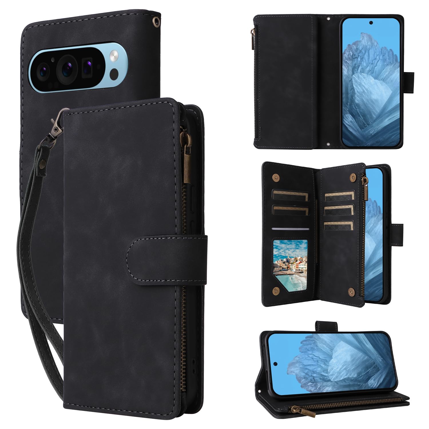 Unichthy Flip Case for Google Pixel 9/9 Pro - Black, PU + TPU, Multi-angle Stand, Magnetic Closure, 6 Card Slots, Zipper Pocket