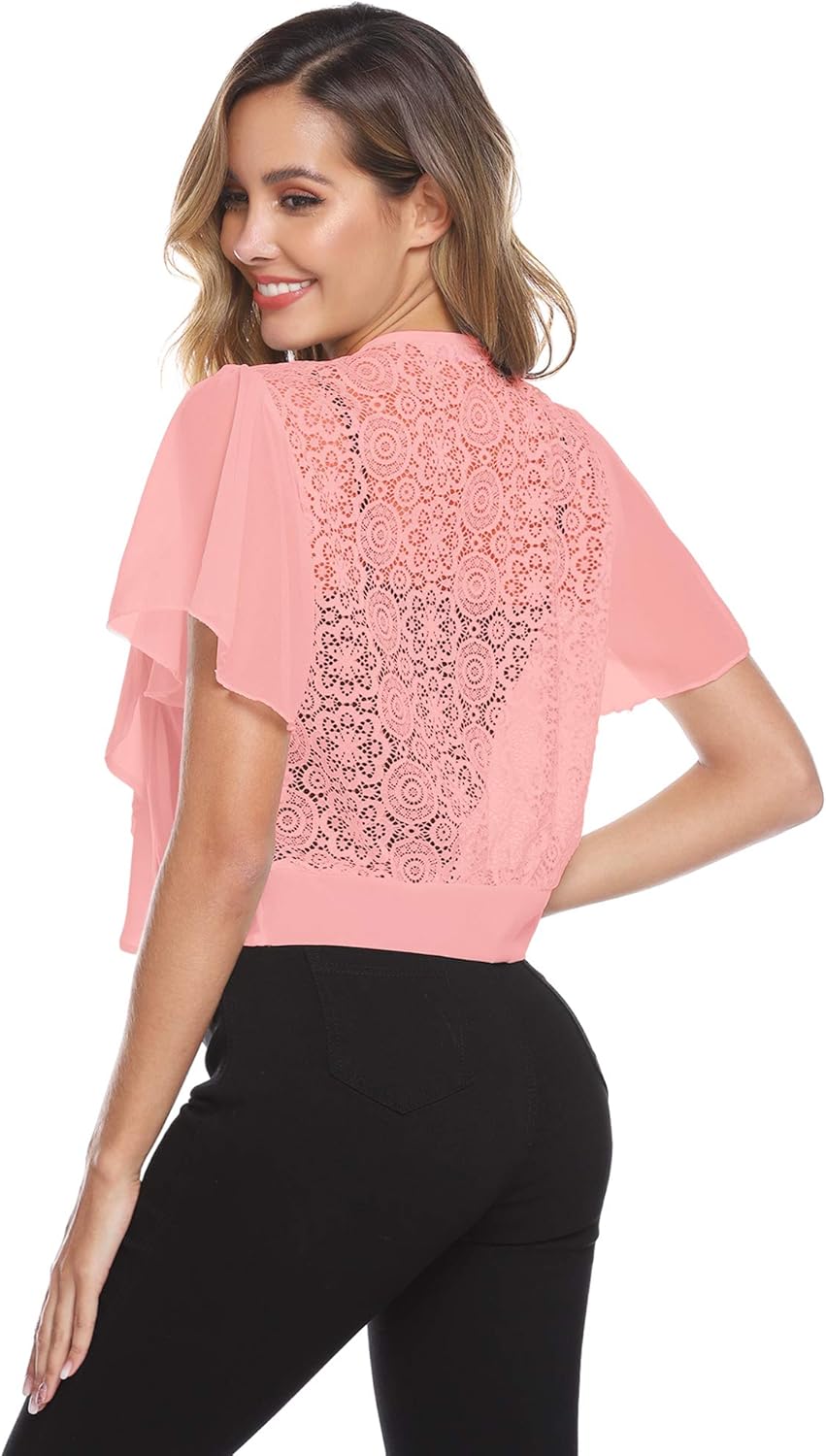 Clothing Hawiton Chiffon Lace Bolero Ladies Chiffon Shrug Cardigan Summer Open Front Cover-up 