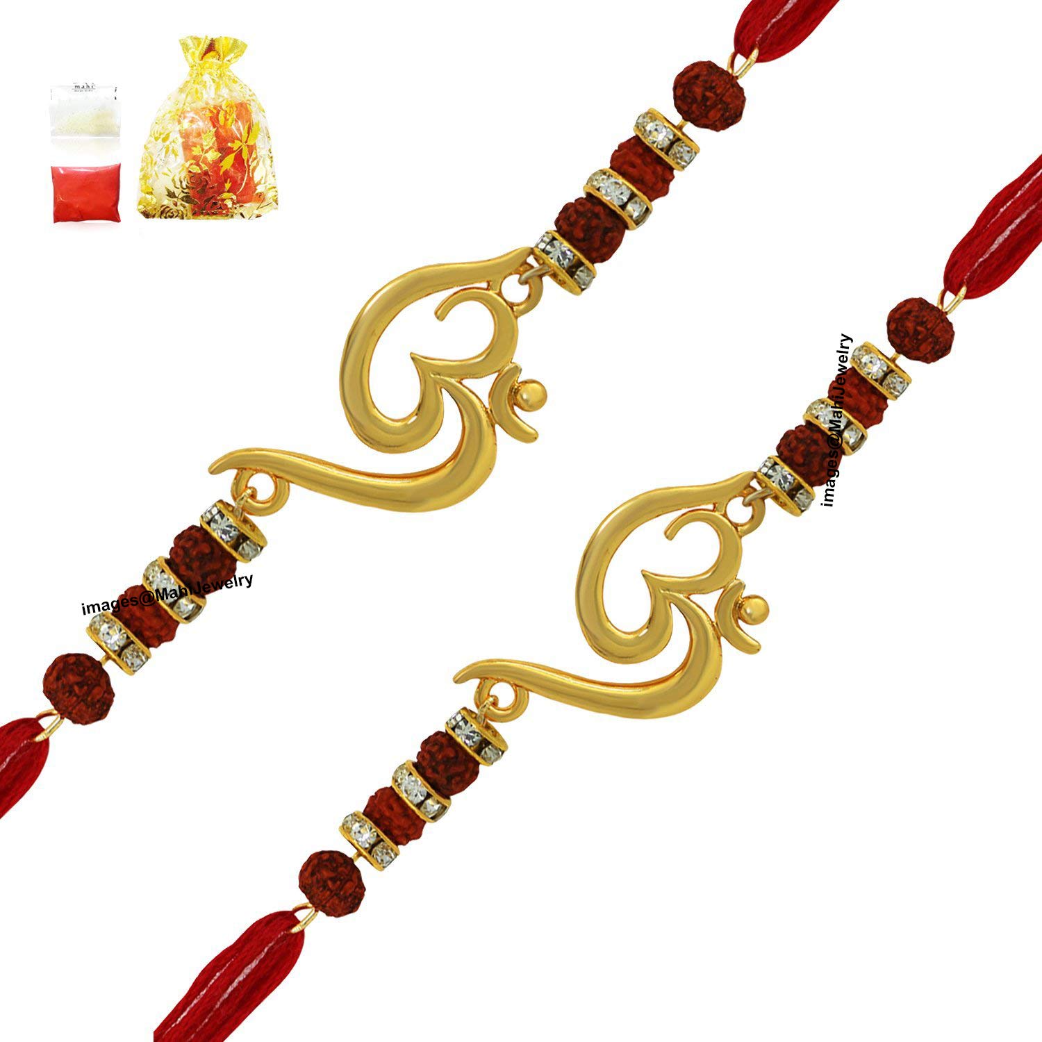 mahi men's gold plated combo of twince om rudraksha designed rakhis for brothers(gold, co1104642g)