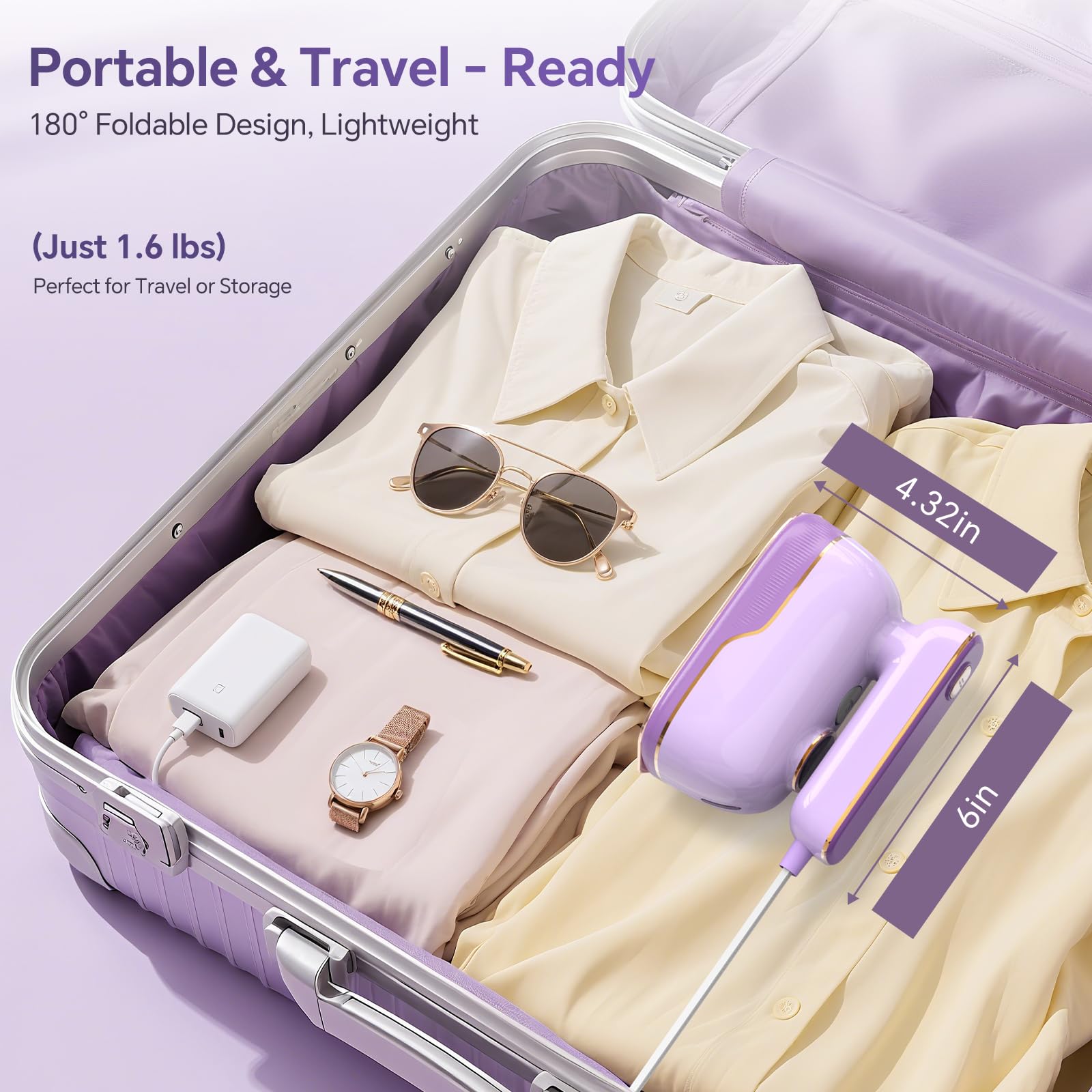 JZOOM Travel Steamer Iron for Clothes, Portable 2-in-1 Dry & Steam Iron, 6 Smart Modes, 180° Rotatable Handle, 15s Fast Heat-Up, 150ml Water Tank, Mini Steamer for Home & Travel