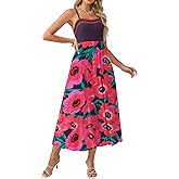 GRACE KARIN Summer Dresses for Women 2026,Color Block Floral Maxi Dress,Spaghetti Strap A Line Dresses with Pockets
