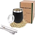 8 Oz Yerba Mate Cup, Tea Cup Set Include Stainless Steel Modern Mate Cup, 2 Bombilla Mate Straws, Cleaning Brush and BPA Free Lid, Double-Walled and Hot & Cold Drink, for Mate Tea, Coffe, Drinks