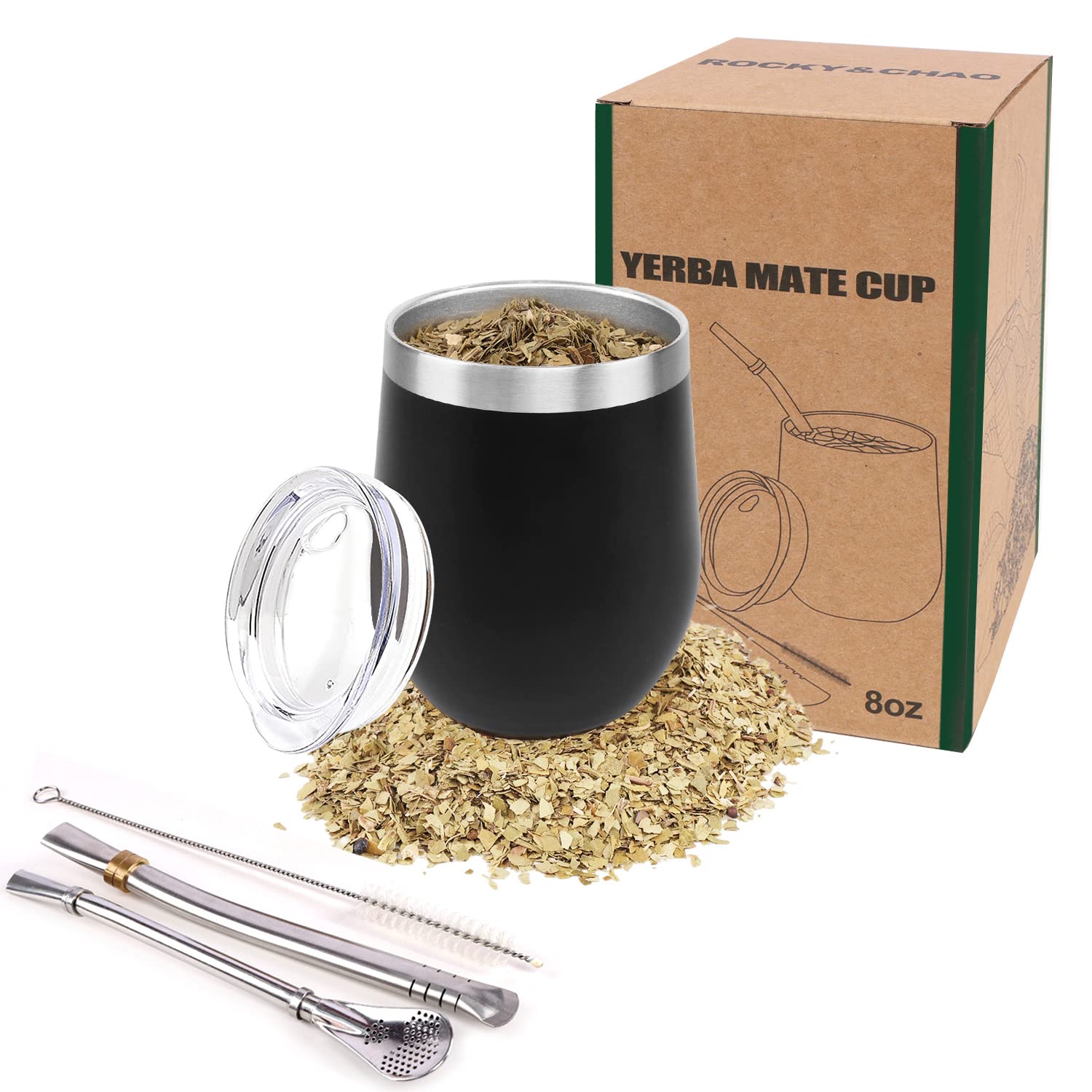 ROCKY&CHAO 8Oz Yerba Mate Gourd Set - Stainless Steel Modern Mate Cup with 2 Bombilla Straws, Cleaning Brush, BPA-Free Lid - Double-Walled for Hot & Cold Drinks, Ideal for Tea and Coffee — image 1