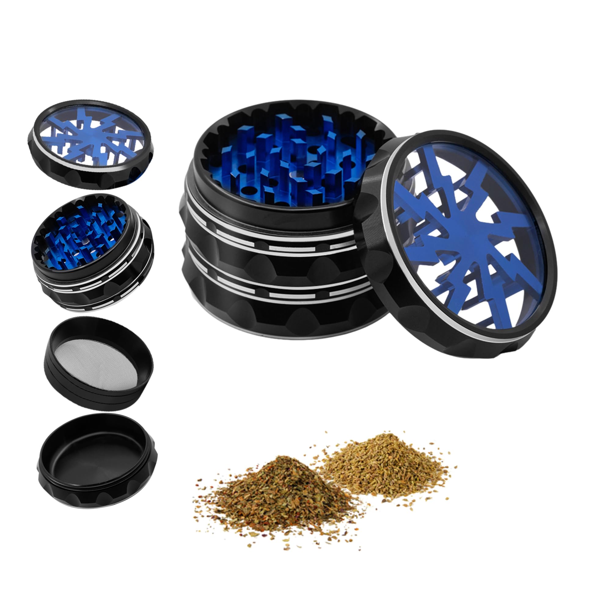 Mcbazel Herb Grinder, 2.5 Inches 4 Pieces Aluminium Spice Grinder with Cleaning Sweep/Pollen Scraper for Kitchen, Portable Herb Mill Grinder for Spice - Black/Blue