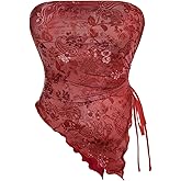Milumia Women's Floral Print Strapless Tube Top Ruched Drawstring Asymmetrical Tank Tops