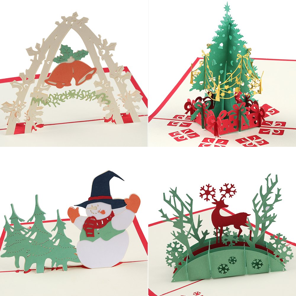 Coohom 3D Christmas Card with Envelope Set of 4 - Handmade Paper Craft Pop Up Greeting Card for New Year Gift - Feature Xmas Tree,Snowman,Reindeer and Bell