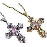 Joddfly 2-PCS Multi-Color Stainless Steel Cross Pendant Necklace with Zircon Crystals, 25mm x 20mm, Gold and Silver Chain