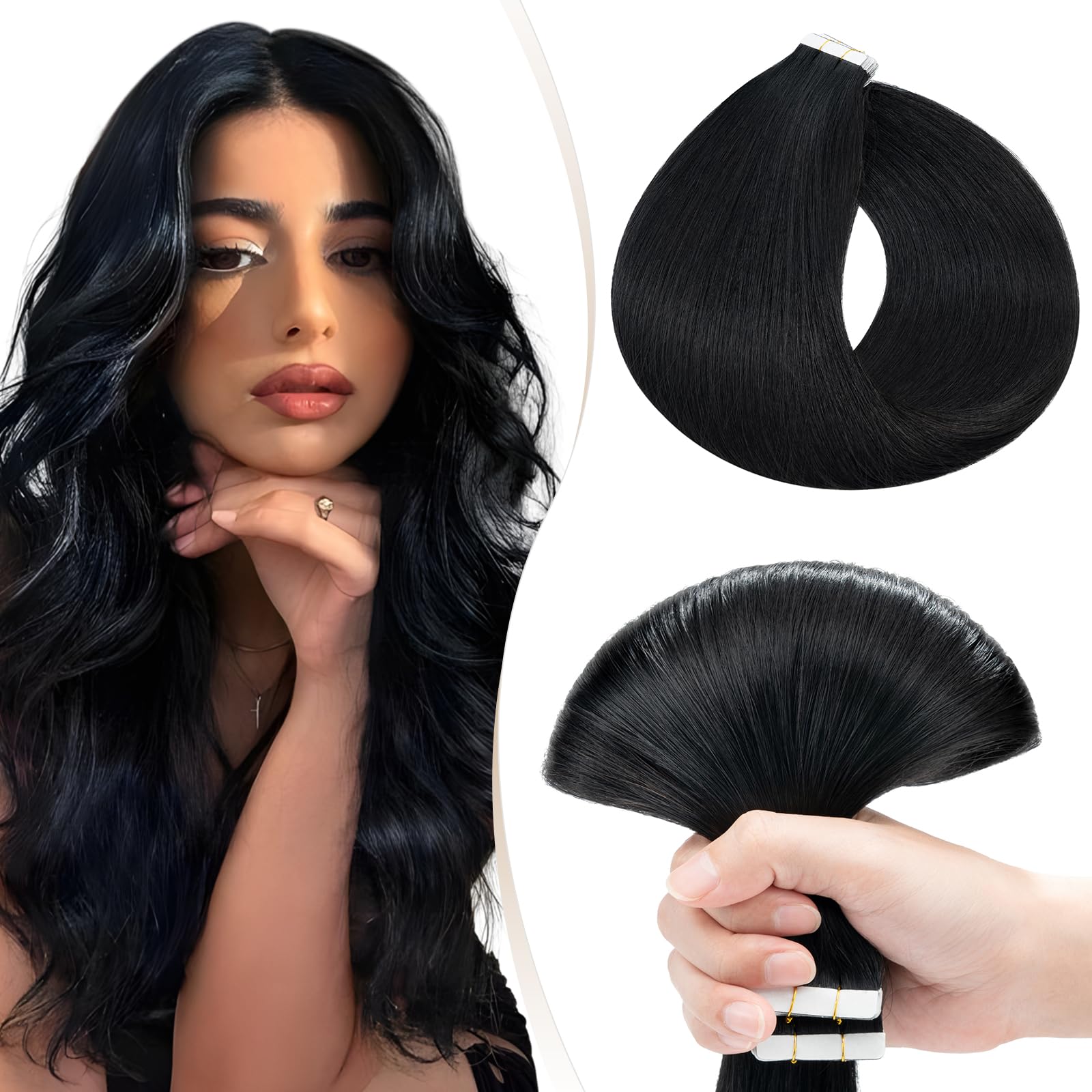 Elailite Tape in Hair Extensions Human Hair Real Human Hair 10 Pcs Invisible Thin Type - Seamless Skin Weft Remy Hair Extension (#1 Jet Black, 16 Inch-15g) — image 1