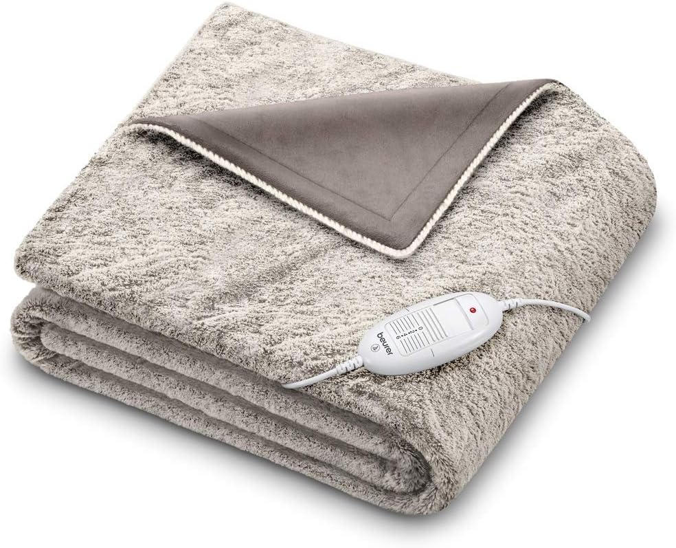 Beurer HD 75 Manta eléctrica nórdico, manta térmica de peluche con aspecto de piel, 6 ajustes de temperatura, lavable a máquina, con desconexión automática, beige / marrón