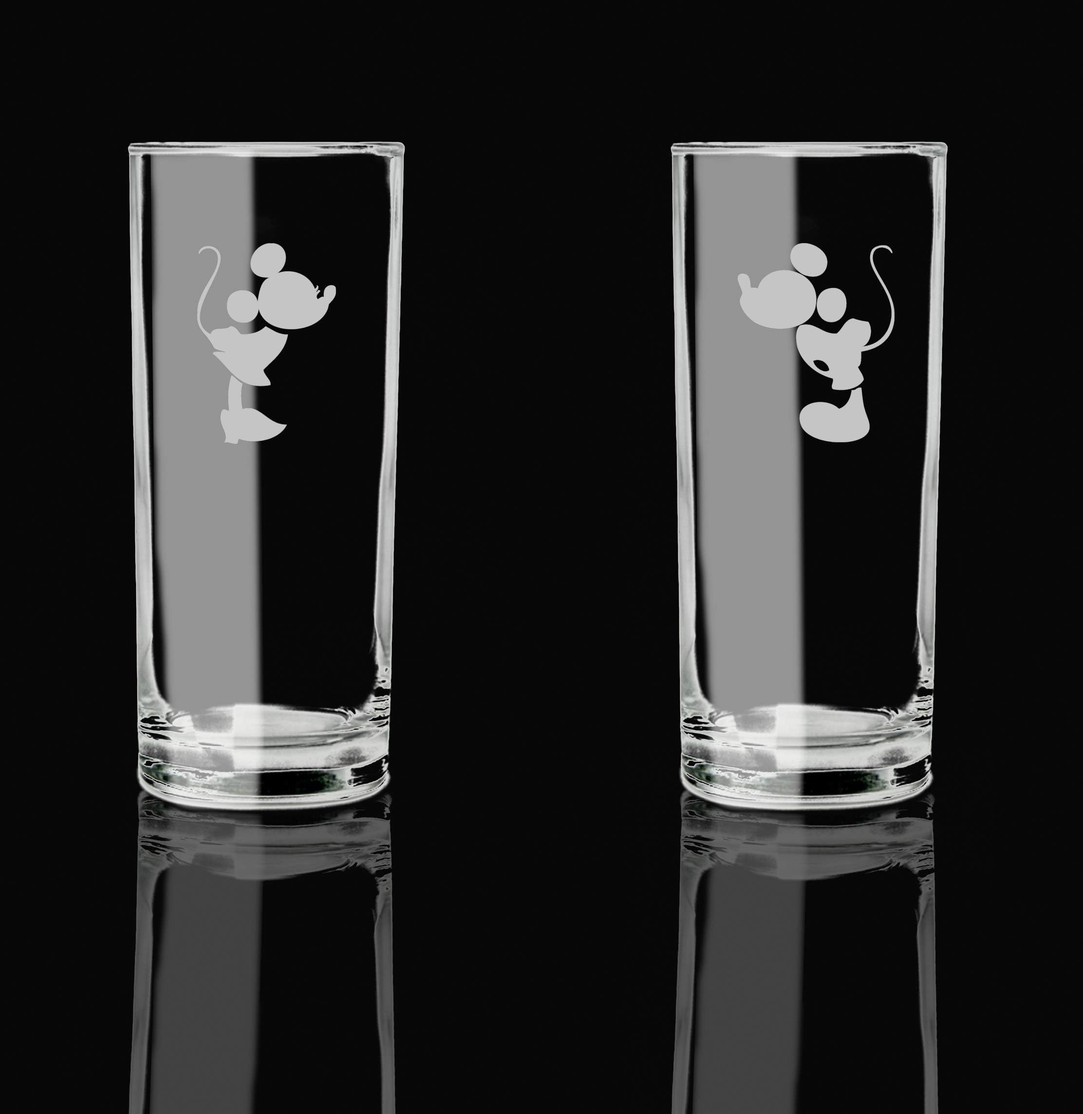 Highball Glasses Mickey Mouse Minnie Mouse Set of 2 Etched Glasses, Highball Drinking Glass, Unique Gift