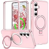 Turquiase for Samsung Galaxy S25 Plus/S24 Plus Case with Magnetic Invisible Stand[Compatible with MagSafe] NO Screen Protector Dual Layer Full Body Military Shockproof Translucent Phone Cover-Pink