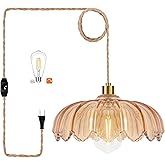 QIYIZM Plug in Pendant Light Hanging Lights with in Cord Mid Century Modern Gold Hanging Lamp Flower Glass Amber Vintage Dimm