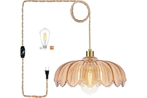 QIYIZM Plug in Pendant Light Hanging Lights with in Cord Mid Century Modern Gold Hanging Lamp Flower Glass Amber Vintage Dimmable Chandelier Ceiling Fixture for Living Room,Kitchen,Boho