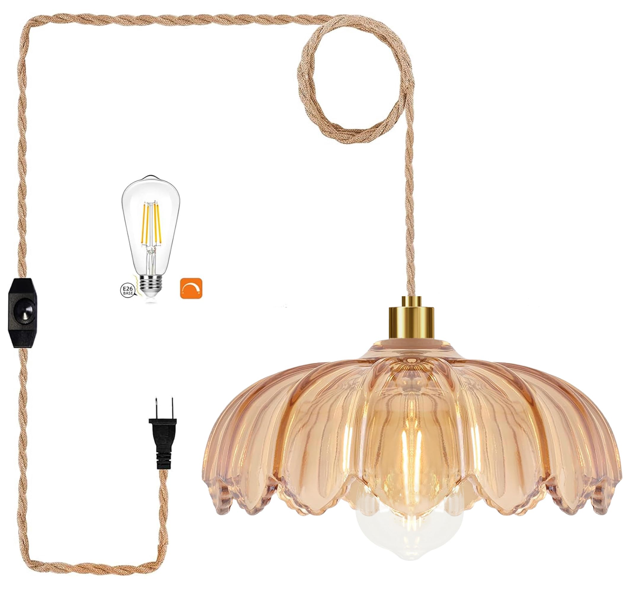 Photo 1 of QIYIZM Plug in Pendant Light Hanging Lights with in Cord Mid Century Modern Gold Hanging Lamp Flower Glass Amber Vintage Dimmable Chandelier Ceiling Fixture for Living Room,Kitchen,Boho