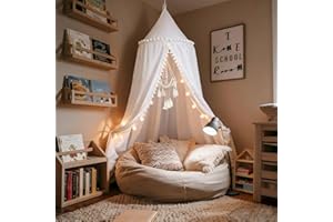 LOAOL Bed Canopy with Pom Pom Cotton Canopy for Kids Crib Baby Girl Netting Cover Canopy Crib Curtain Reading Nook Hanging Tent Nursery Play Game Castle Room Decoration (White)