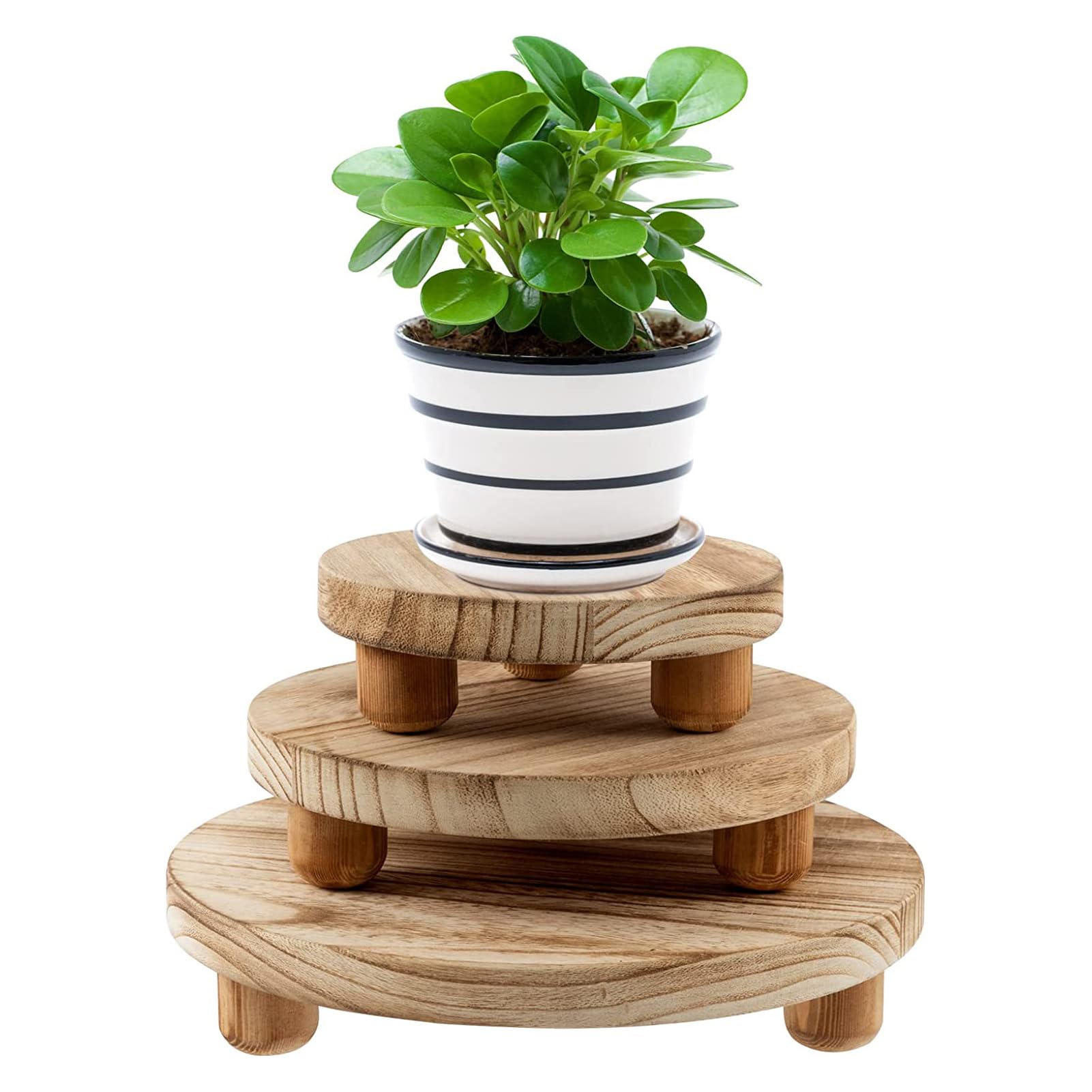 Qivine 3Pcs Wooden Plant Stand, 10/8/6 Inch Mini Plant Stands Indoor with 3 Removable Legs of Each, Round Plant Pot Stand for Indoor Outdoor Home Patio Decoration