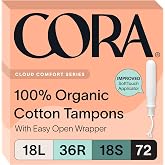 Cora 100% Organic Cotton Tampons Multipack (72 Light/Regular/Super Tampons) | Comfortable Leak Protection, Expands to Your Shape, Made Without Chlorine, Pesticides, or Rayon, Organic Cotton Feminine Care