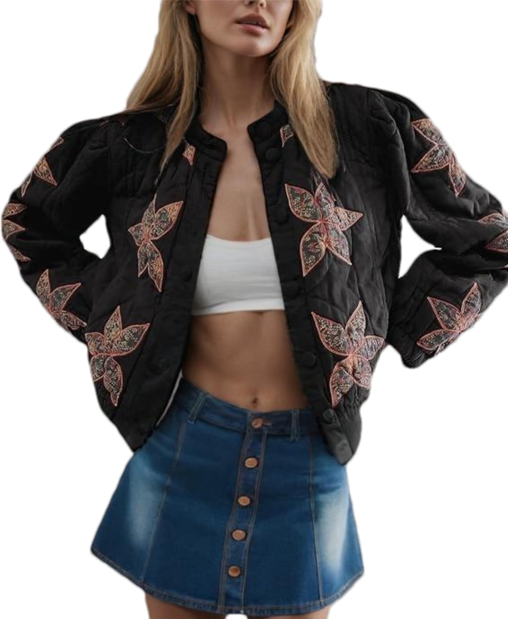Photo 1 of OPCAKM Women's Cropped Puffer Jacket Lightweight Flower Embroidery Quilted Outerwear Coats(Black-S)