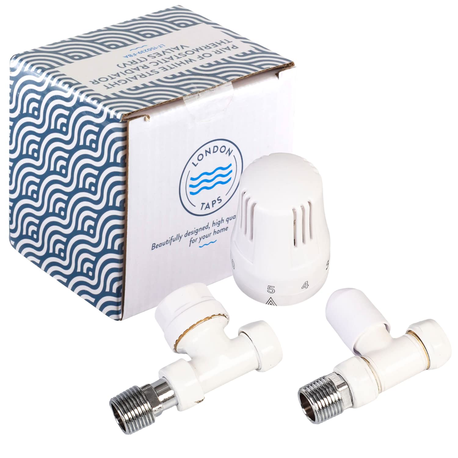 London Taps Thermostatic Radiator Valve TRV and Lockshield Set, White Straight Valves, Standard 15mm Connection, Central Heating Radiator or Towel Rail Valves โ image 1