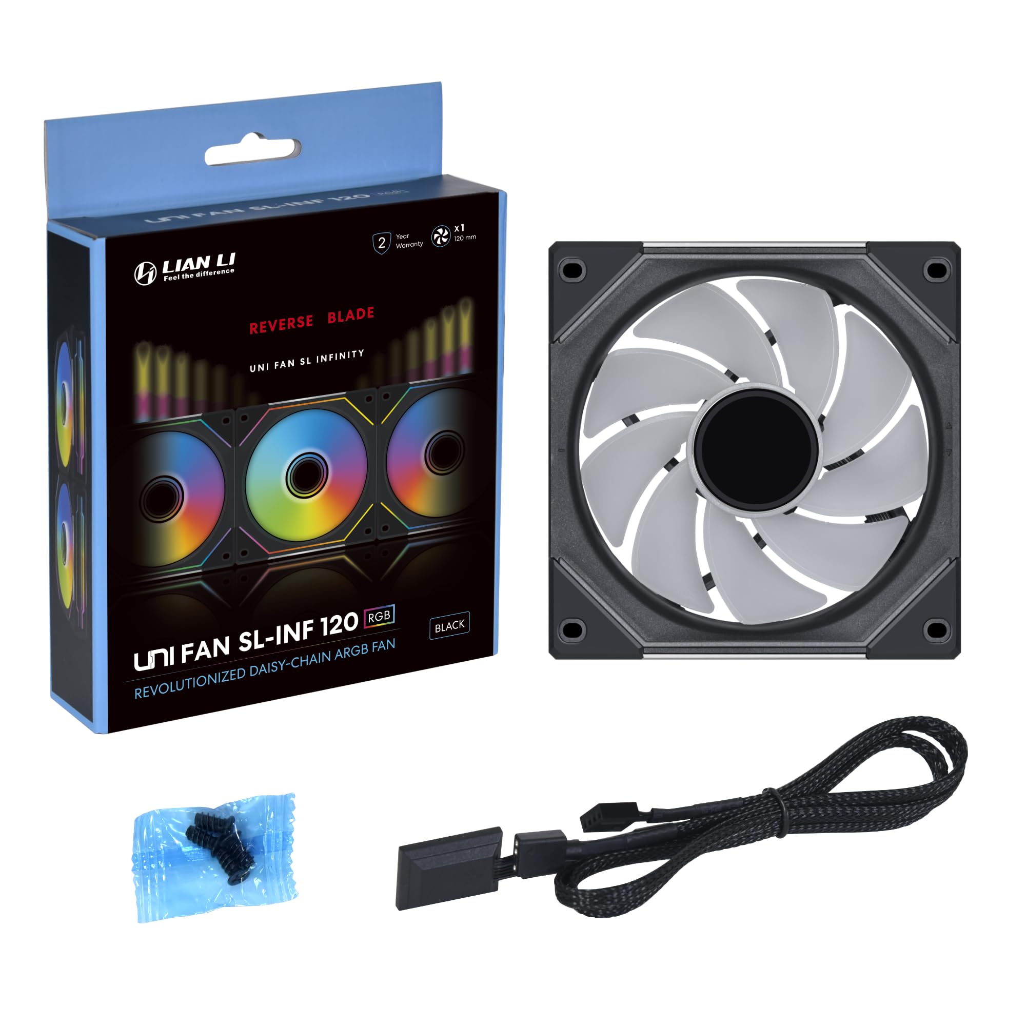 Lian Li UNI Fan SL-Infinity 120 Reverse Blade-Single Pack-ARGB Fan (Non-Wireless) -Daisy-Chain Design-Infinity Mirror-Cable Management-Customizable Lighting Effects-Black-(UF-RSLIN120-1B)