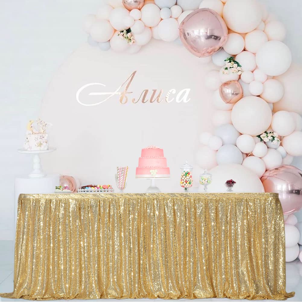 Eternal Beauty Sequin Table Skirt Rectangle Round Table Cover for Party Wedding Baby Shower Decoration（Amber Gold，L 9(ft) * H 30in）