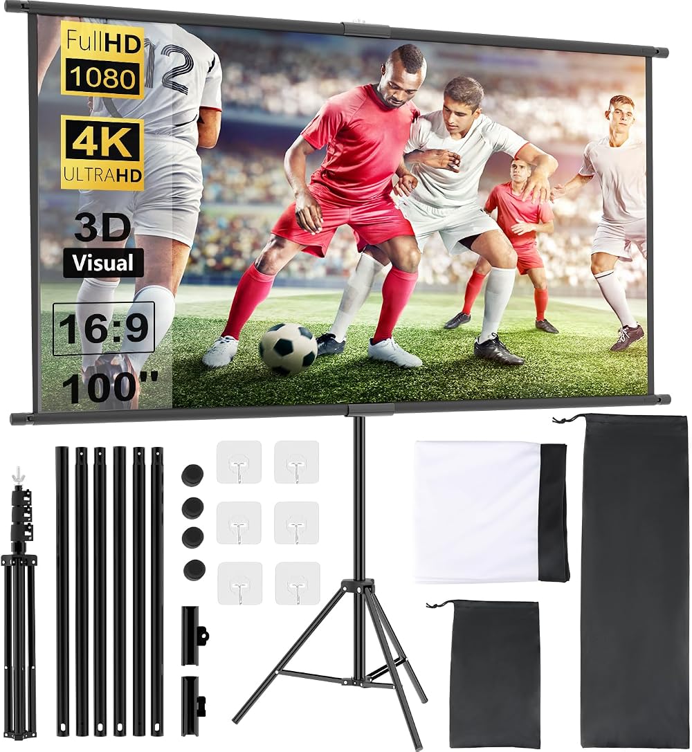 OWill 100 Inch Portable Projector Screen 16:9 HD with Tripod for Home Cinema