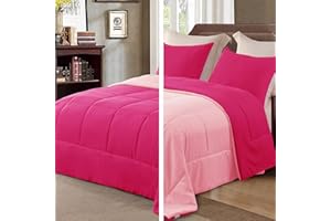Exclusivo Mezcla Lightweight Reversible Queen Size Comforter Set, Down Alternative Comforter with 2 Pillow Sham, Queen Size Bedding Set for All Seasons, Hot Pink/Bright Pink