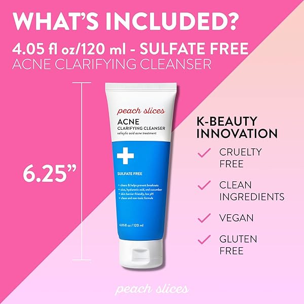 PEACH SLICES | ACNE CLARIFYING CLEANSER | DEEP CLEANS & PREVENTS ACNE | 2% SALICYLIC ACID | HYALURONIC ACID | SULFATE-FREE | HYDRATES & CALMS SKIN | GENTLE FORMULA | FACE WASH | CRUELTY-FREE | 4 OZ