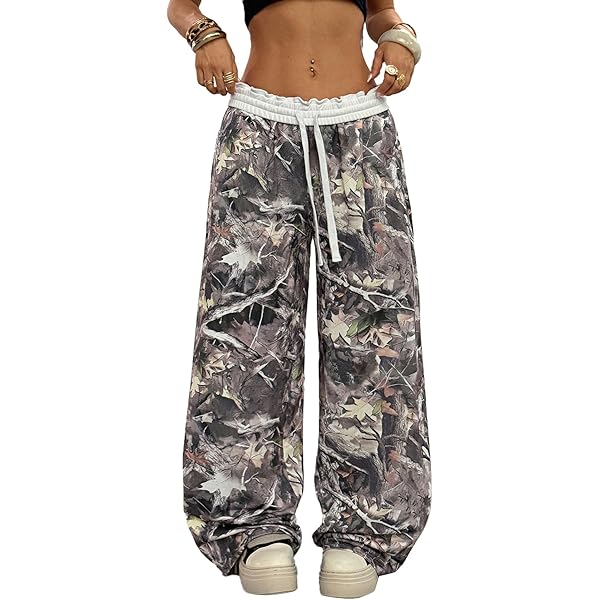 GORGLITTER Camouflagebroek voor dames, Y2K, baggy, wijde pijpen, vrijetijdsbroek met zakken, lange joggingbroek, hiphop-sportbroek, elastische taille, cargobroek, wit, M