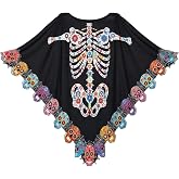 RENEMEGO Halloween Skeleton Poncho for Women Skull Costume for Adult | 59 Inch, Easy Flowing Wear, Skeleton Cape Shawl for Day of the Dead Parade Festival Cosplay Party