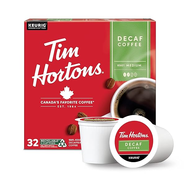 TIM HORTONS DECAF, MEDIUM ROAST COFFEE, SINGLE-SERVE K-CUP PODS COMPATIBLE WITH KEURIG BREWERS, 32CT K-CUPS, RED