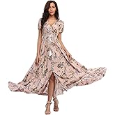 Ferrendo Women's Floral Maxi Dress Button Up Split Flowy Bohemian Party Beach Dresses
