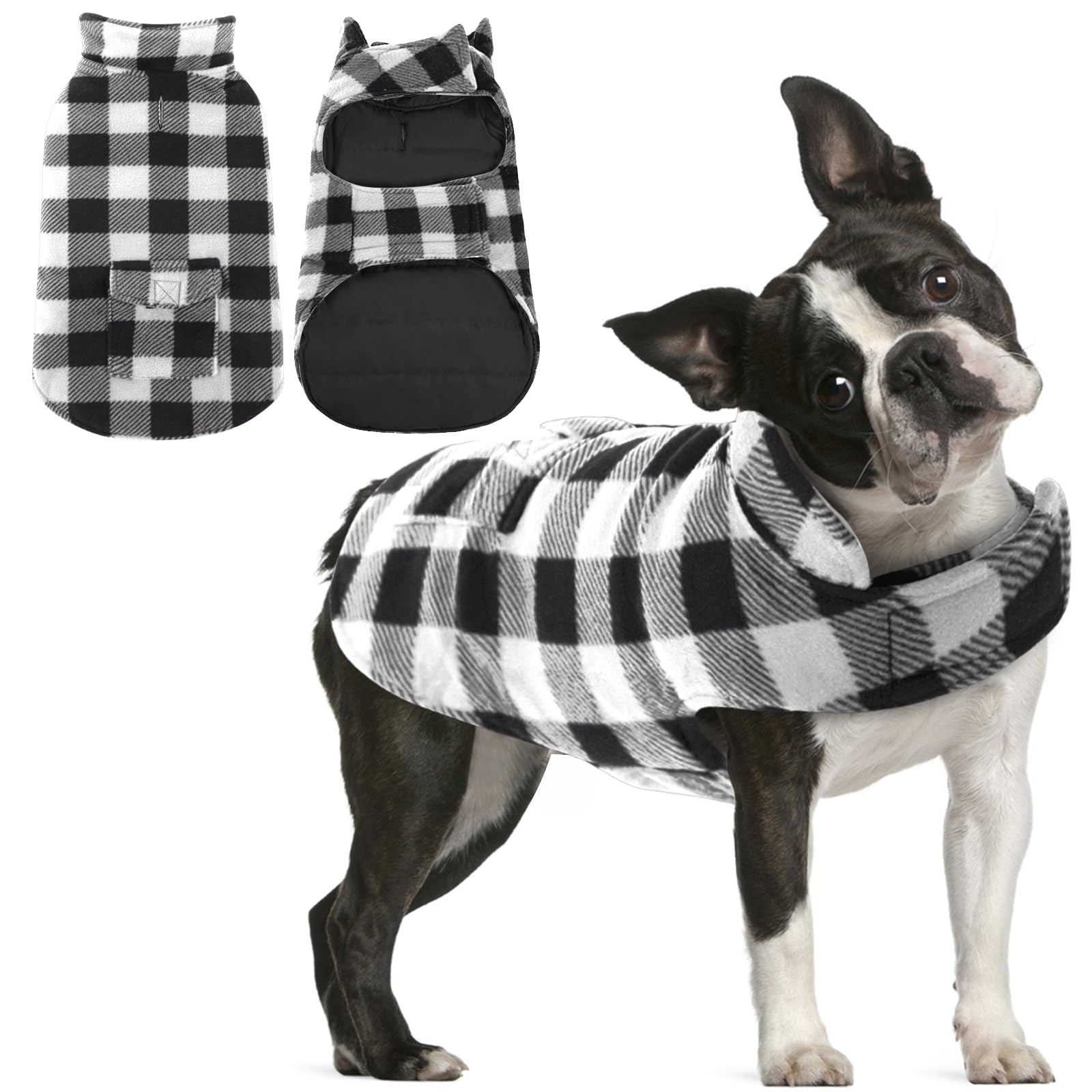 AOFITEE Dog Coat Plaid Dog Winter Coat for Small Dogs, Warm Dogs Jacket Christmas Sweater, Waterproof Pet Puffer Jacket, Reversible Pet Cold Weather Coats for Small Medium Large Pets, Black M