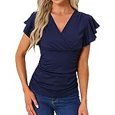 Allegra K Ruched Top for Women's 2024 Casual V Neck Cinched Waist Ruffle Sleeve Surplice Wrap Blouse Tops