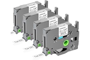 Compatible with Brother P Touch TZe-231 Label Maker Tape, 12mm 0.47” Laminated White 1/2" TZ Tape for PT D210 D220 H110 P710BT, Black on White 4-Pack Label KINGDOM TZE231