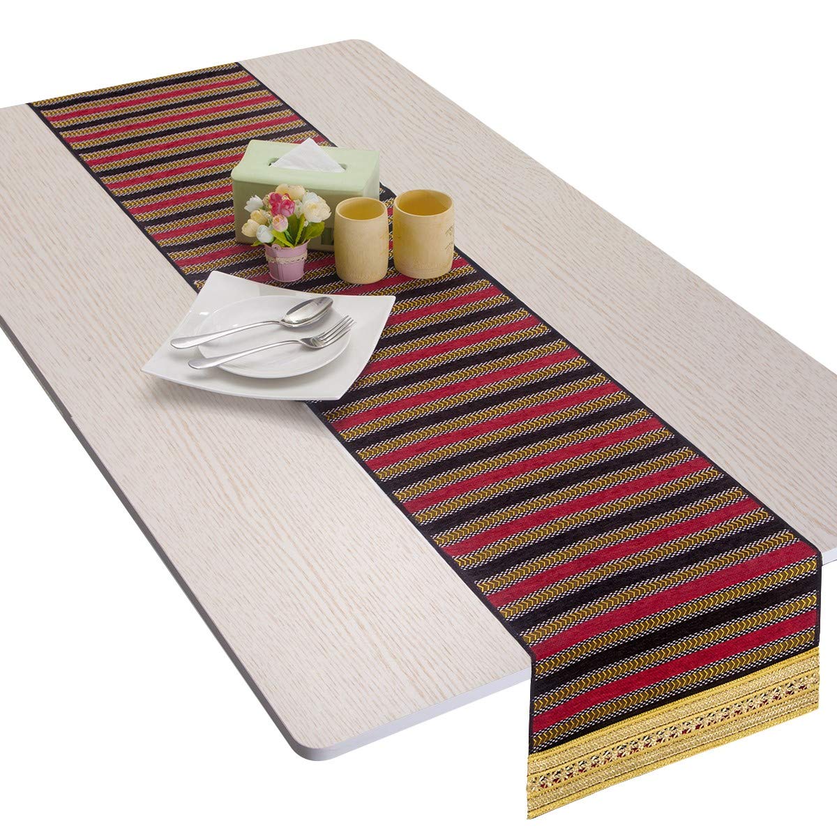 Nupuyai Vintage Stripe Table Runner for Home Coffee Table,European Knitted Wedding Party Decoration 34x157cm Black/Red