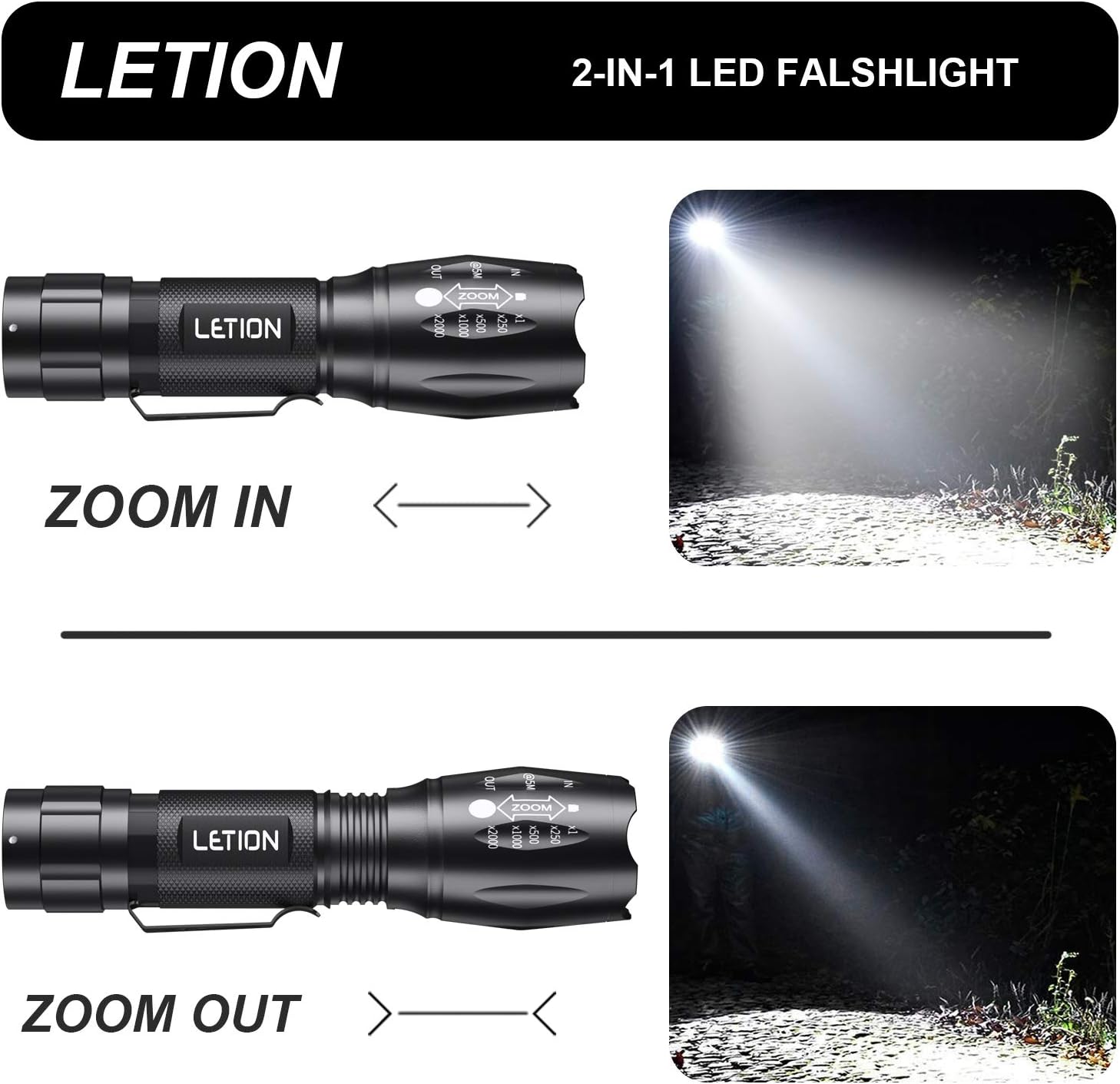 LETION UV Flashlight, LED UV Torch 2 in 1 UV Black Light with 500LM Highlight & 4 Mode & Waterproof IPX 4 for Pet Clothing Food Fungus Detection/Night Fishing/Travel - - 