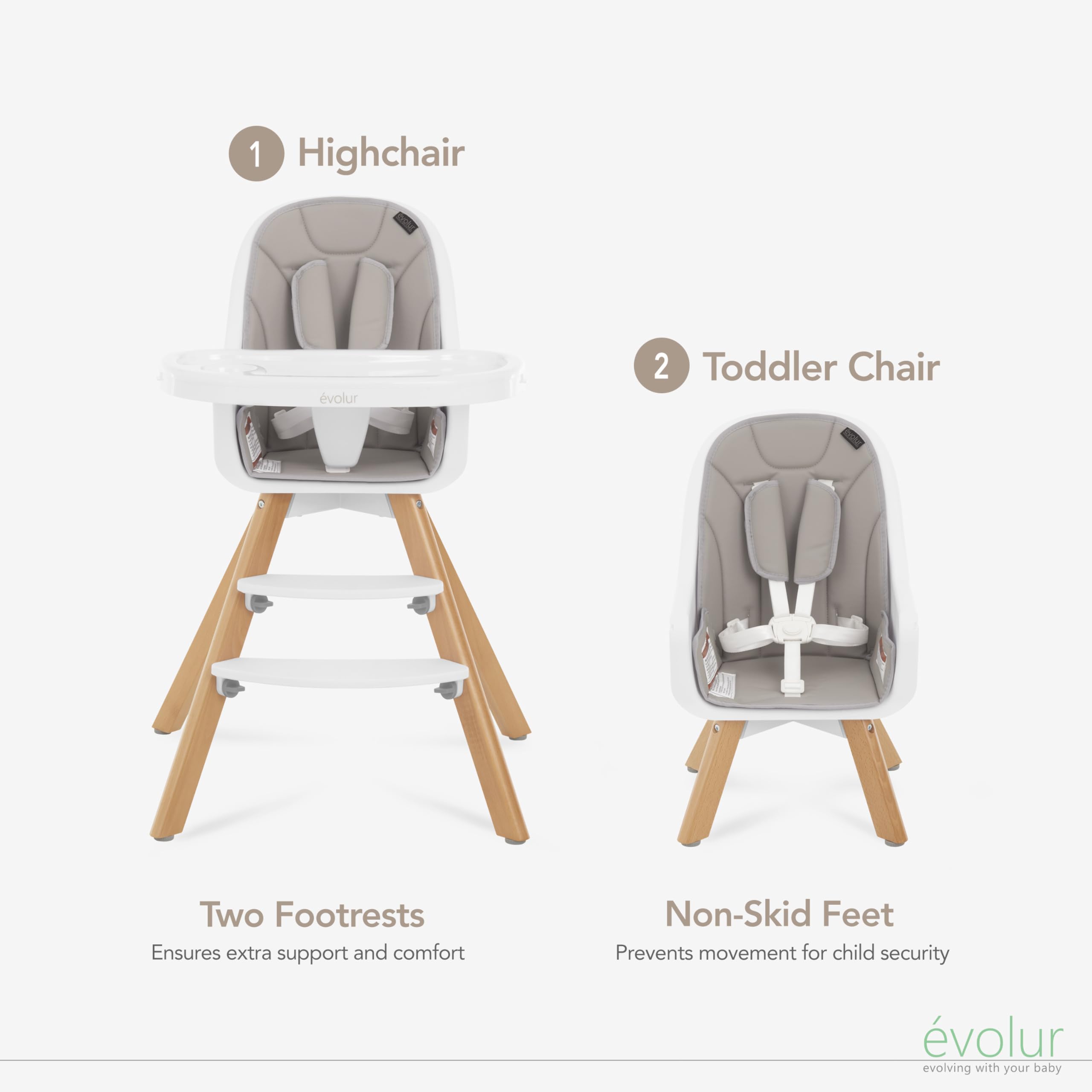 Evolur Zoodle 2 in 1 Convertible Baby High Chair in Light Gray