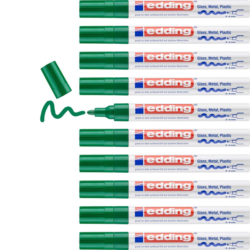 edding 750 gloss paint marker - green - 10 paint markers - round tip 2-4 mm - paint pen for glass, pebbles, wood, plastic, paper - waterproof, high coverage