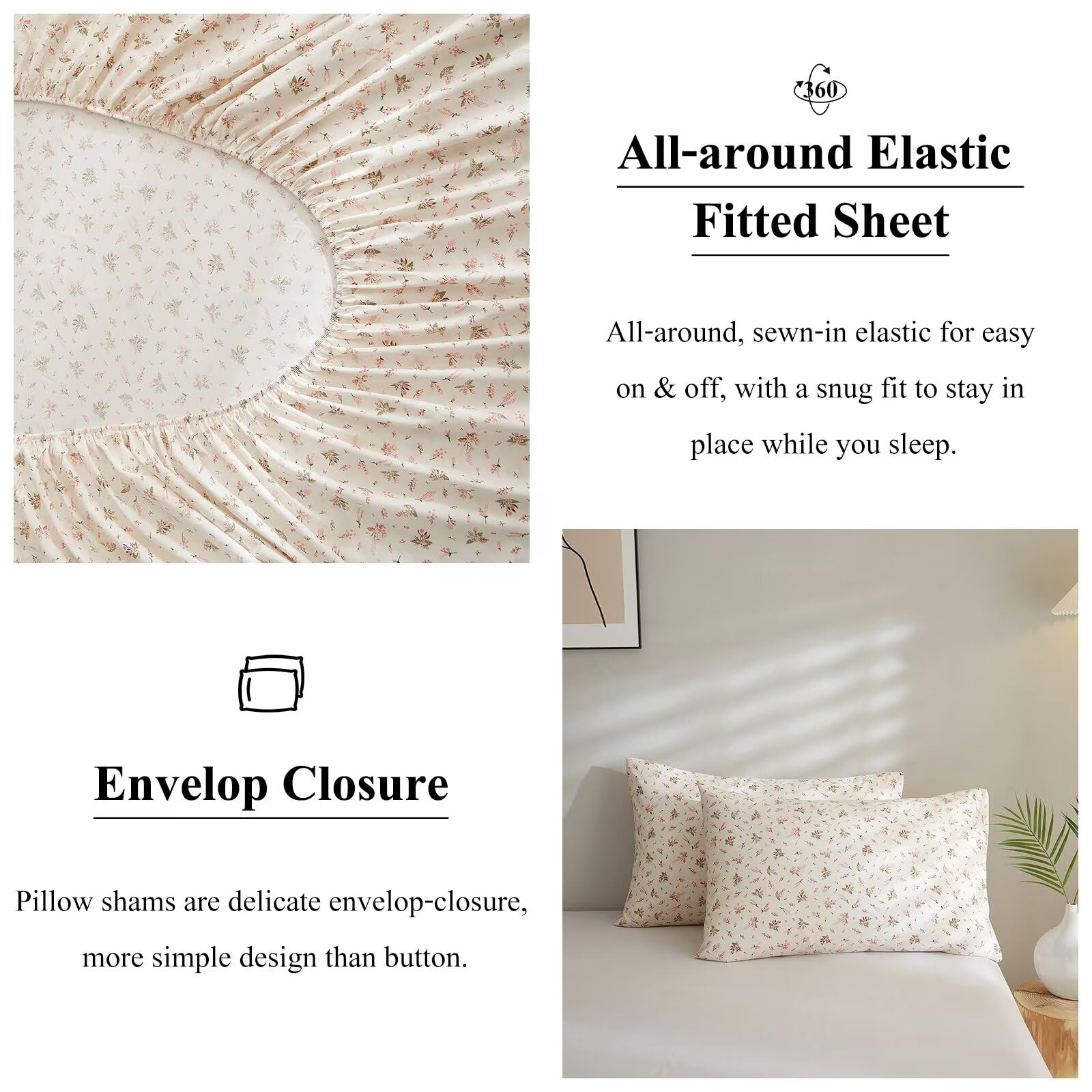 VClife Floral Sheet Sets Queen - Pink Bed Sheets