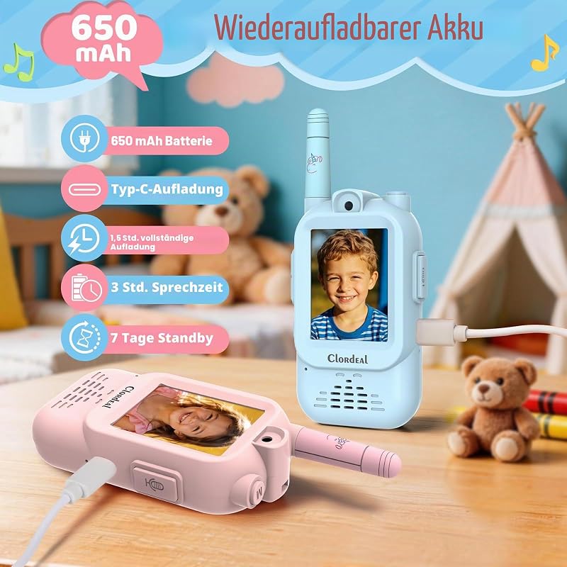 Video Walkie Talkie Set für Kinder mit Kamera & Videochat | Lernspielzeug, Kreativ, Ideal für Jungen & Mädchen, ab 3 Jahre, Geburtstag, Weihnachten (2er-Set Blau & Pink)