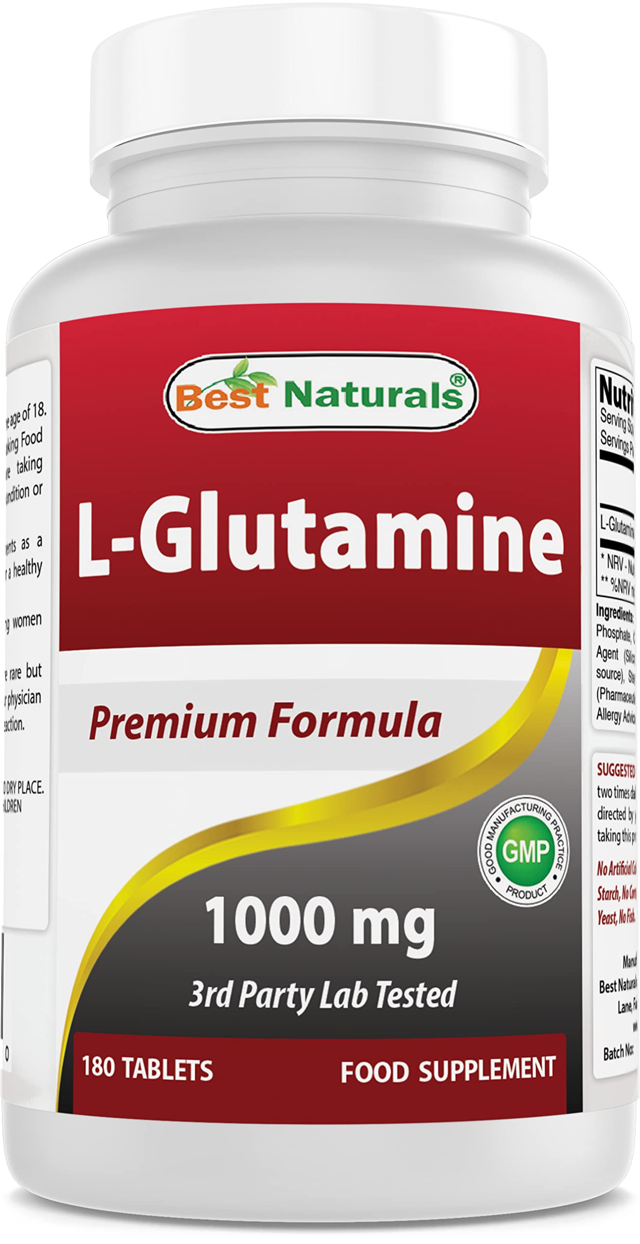 Best Naturals L-Glutamine 1000 mg 180 Tablets - Glutamine Fuel for Workout & Supports Muscle Recovery from Workouts (180 Count (Pack of 1))