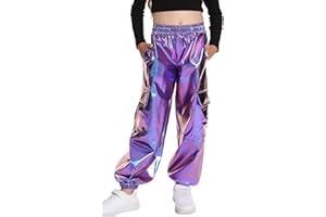 Happy Cherry Kids Girls Shiny Metallic Cargo Pants Joggers High Waist Y2K Hip Hop Dance Streetwear Trousers