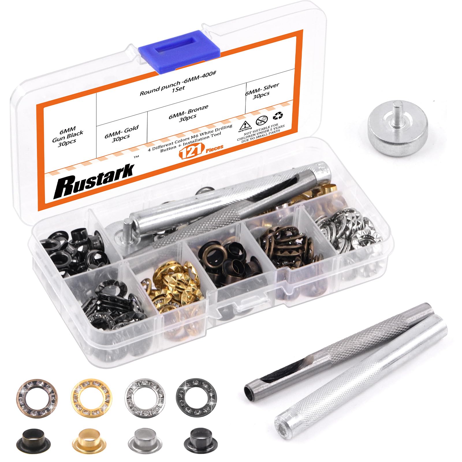 Rustark 121Pcs 4 Colors 1/4 inch Rhinestone Eyelet Grommet Eyelets and Grommets with Sparkling Design Metal Eyelet with Washer Hole Punch Shiny Boot Eyelet Repair for Clothing Crafts DIY Projects