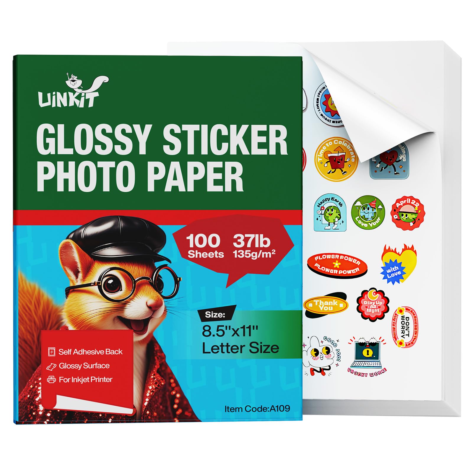 Photo 1 of Uinkit 100 Sheets Printable Glossy Sticker Photo Paper 8.5x11 Full Sheet Inkjet Self Adhesive Photo Paper Label For for Scrapbooking, Brand Logo, Party Decor Stickers Letter Size