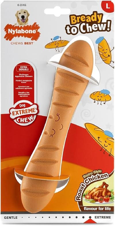 Nylabone Extreme Chewers Tough Nylon Dog Baguette Chew Toy Large Roast Chicken