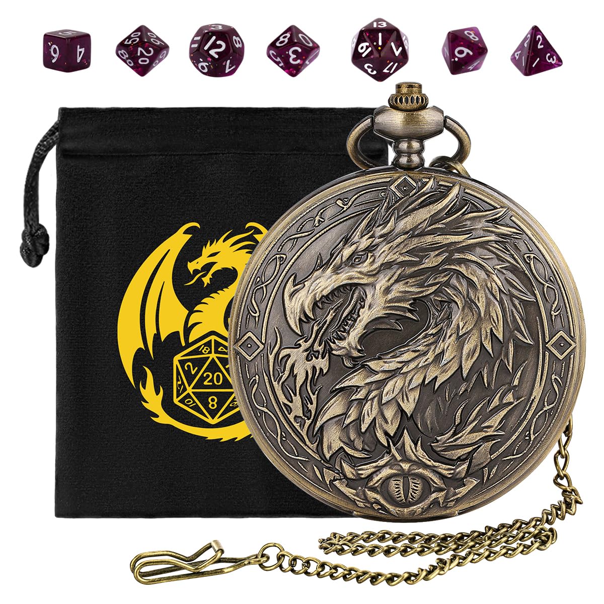 Mini DND Dice Set with Steampunk Dragon Large Pocket Watch Shell Case, 7-Piece Polyhedral Acrylic D&D Dice, DND Gift Bag with Dragon Logo, Role Play Board Game Accessories, Bronze + Purple